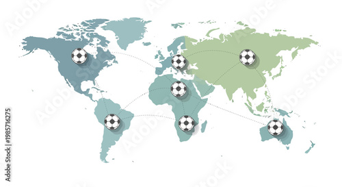 Soccer balls on world map.