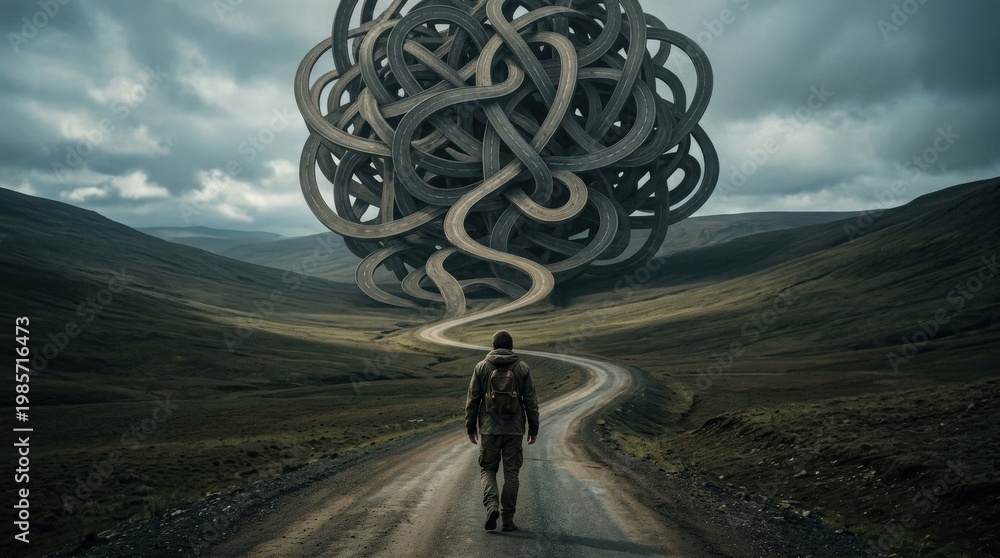 Fototapeta premium A man on a long winding road that transforms into a giant tangled ball, minimalist landscape, visual metaphor for complexity, difficulty and challenge, moody conceptual lighting, ultra-realistic, no