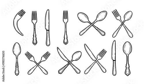 Hand drawn tableware icon collection with fork knife and spoon symbols for food and restaurant themes
