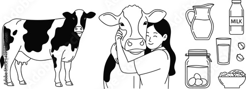Minimalist black and white line art vector illustration set featuring dairy cows a girl hugging cow and fresh farm products.