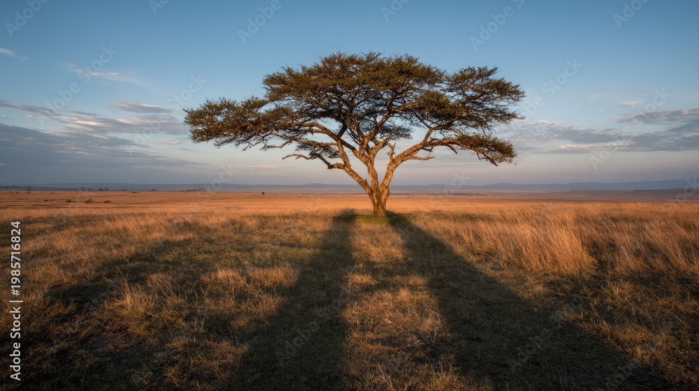 Naklejka premium Majestic Acacia Tree Casting Shadows on African Savannah Landscape