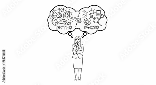 Person pondering myths versus facts, with thought bubble showing creatures and symbols