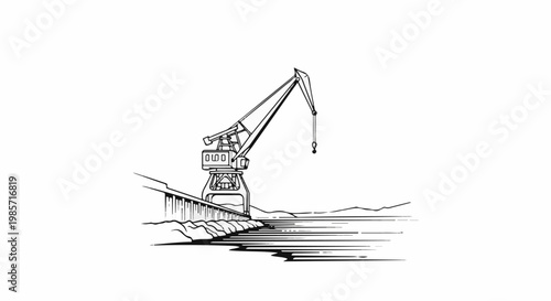 A black and white line drawing of a large industrial crane at a dock