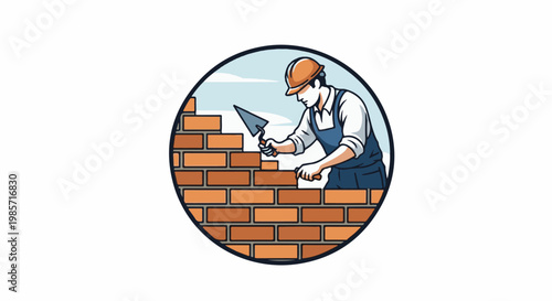 Person in hard hat building brick wall with trowel inside circle