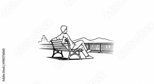 Man sits on a bench, looking at the distant cityscape and mountains
