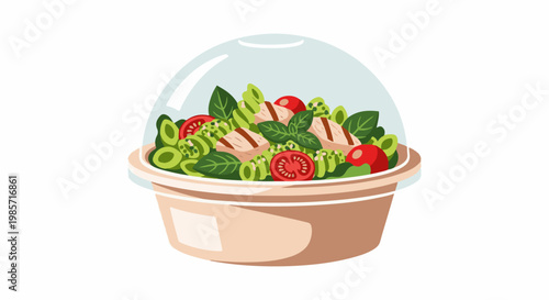 A colorful salad in a to-go container with grilled chicken and fresh ingredients