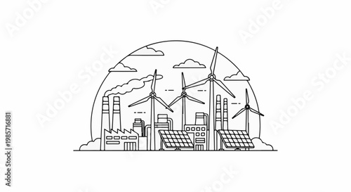 Industrial scene with wind turbines, solar panels, and smokestacks