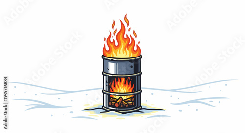 A metal drum with a fire inside burns in a snowy landscape