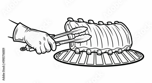Hand in glove using tongs to place a rack of ribs on a grill