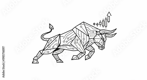 Geometric bull illustration with circuit board patterns and stock chart