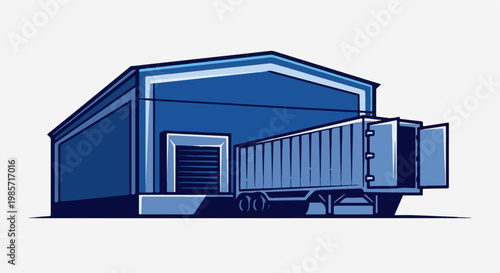 Blue warehouse with loading dock and open semi-trailer truck