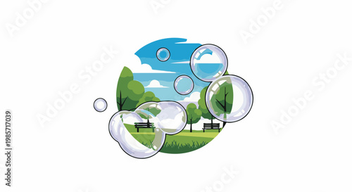 Bubbles float over a sunny park scene with trees and benches