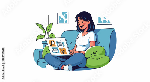 Cheerful person relaxes on couch, using laptop with online search and ideas