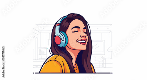 Cheerful woman with headphones enjoying music indoors, eyes closed