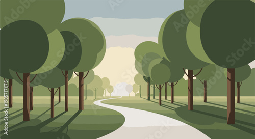 A peaceful park pathway lined with trees at sunrise with soft, hazy light