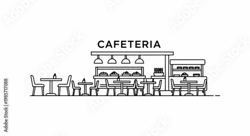 A linear drawing of a cafeteria counter with food displays and tables with chairs