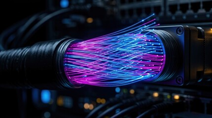 Extreme close-up of glowing fiber optic cables, fine strands carrying vivid blue and magenta light signals, dark background and sharp detail, sleek high-tech atmosphere, ultra-realistic, no logos.