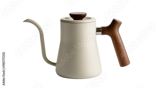 Fotografie Cream gooseneck kettle with wooden handle and lid, isolated on transparent backg