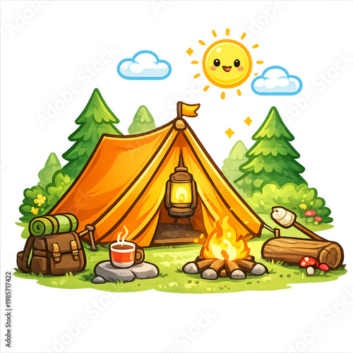 kawaii campsite with cheerful characters, cute camping scene, kawaii camp illustration, happy campers cartoon, smiling tent character, adorable campfire with face, cute forest animals camping, playful