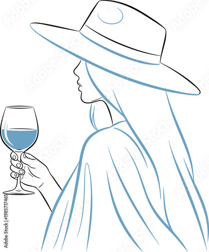 Minimalist blue line art vector illustration of an elegant woman wearing a large sun hat while holding a wine glass.