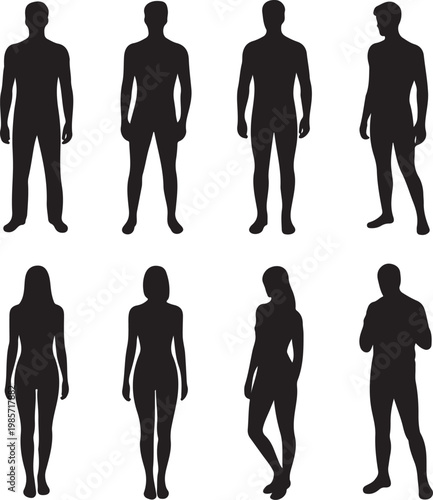 Human body anatomy, front, back, side view, vector woman and man illustration