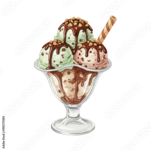 Delicious ice cream sundae with chocolate sauce and nuts in a glass bowl on white background