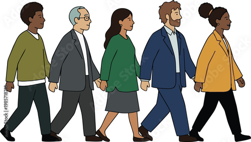 Diverse people walking side view multicultural community flat vector illustration.
