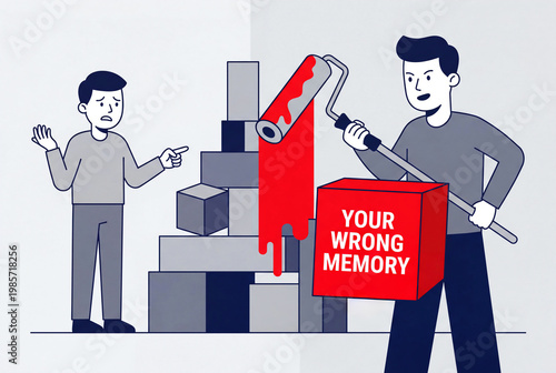 Conceptual illustration of gaslighting showing a man painting a block red with the text 