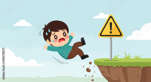 Cartoon illustration of a young boy falling off a cliff with a warning sign and a surprised expression on his face