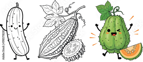 Cute bitter melon characters with hand drawn botanical sketch and sliced fruit vector illustration healthy vegetable cartoon set design
