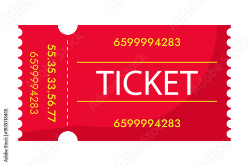 Red ticket vector in flat style, event or cinema admission coupon with serial numbers isolated on white background