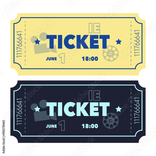 Movie ticket vector set in vintage flat style yellow and dark blue cinema admission coupons with film projector and reel icons isolated on white background