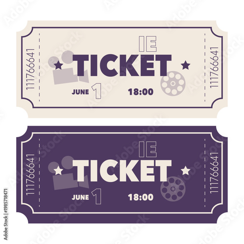 Movie ticket vector set in vintage flat style cinema admission coupons with film projector and reel icons isolated on white background