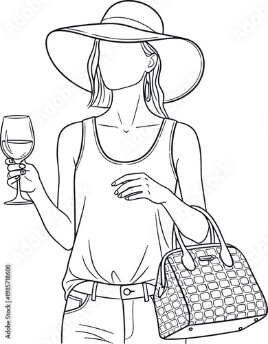 Minimalist line art vector illustration of a stylish woman wearing a wide brim hat holding a wine glass and handbag.