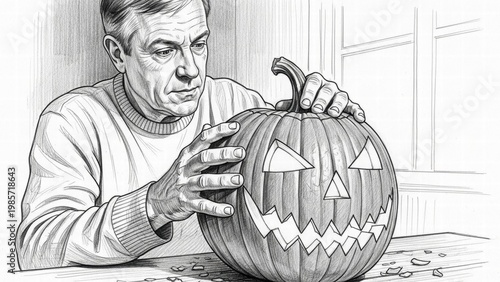 Pumpkin Carving: A person is absorbed in the intricate art of crafting a jack-o'-lantern, meticulously carving the face of a pumpkin to bring a touch of Halloween spirit to life.