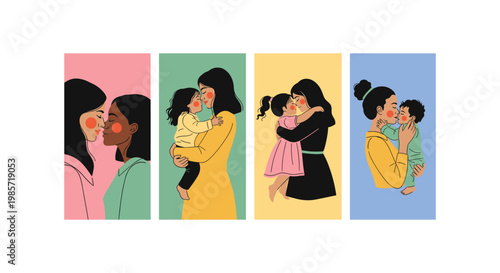 Four women in colorful headscarves posing together pink green