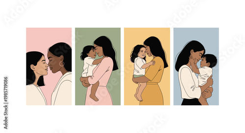 Four diverse women in business attire engaged in a conference call, each in a distinct background color