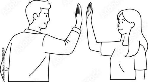 Minimalist line art vector illustration of a young man and woman giving high five representing teamwork achievement friendship and success.