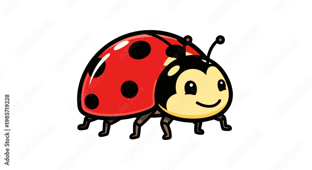 Fototapeta premium Cute Ladybug Vector Illustration, Adorable Cartoon Beetle Character with Red Spotted Shell Isolated on White Background for Kids Design Projects