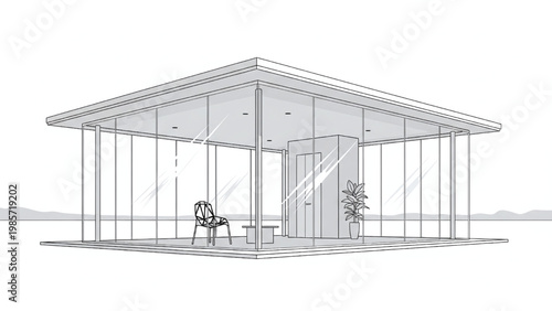 Modern glass house with minimalist interior and outdoor seating area isolated on white background.
