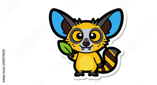 Cute Lemur Character Vector Illustration, Adorable Cartoon Animal Mascot Holding a Green Leaf, Flat Style Graphic for Childrens Book Design and Playful Branding Projects