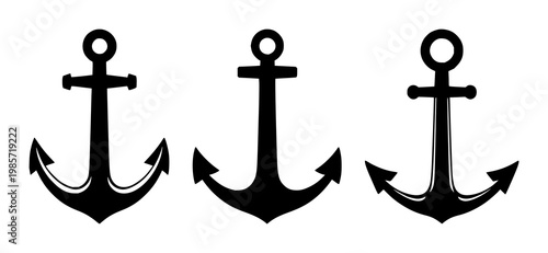 Anchor icon set with solid black color and simple design featuring marine, sailing, nautical with boat and ship elements