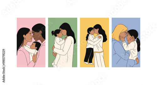 Four diverse women in attire with headscarves, standing in separate colored frames woman headscarf hijab