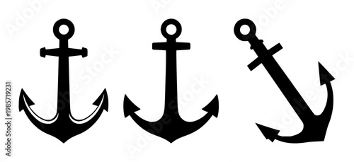 Anchor icon set with solid black color and white background featuring maritime, boat, nautical with sea and ocean symbols