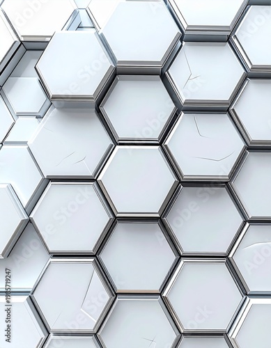 Geometric White Hexagonal Pattern with Silver Metallic Edges on Light Background