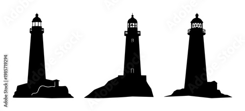 Lighthouse icon set with simple bold outline featuring maritime, navigation, coastal with silhouette and high contrast iconography