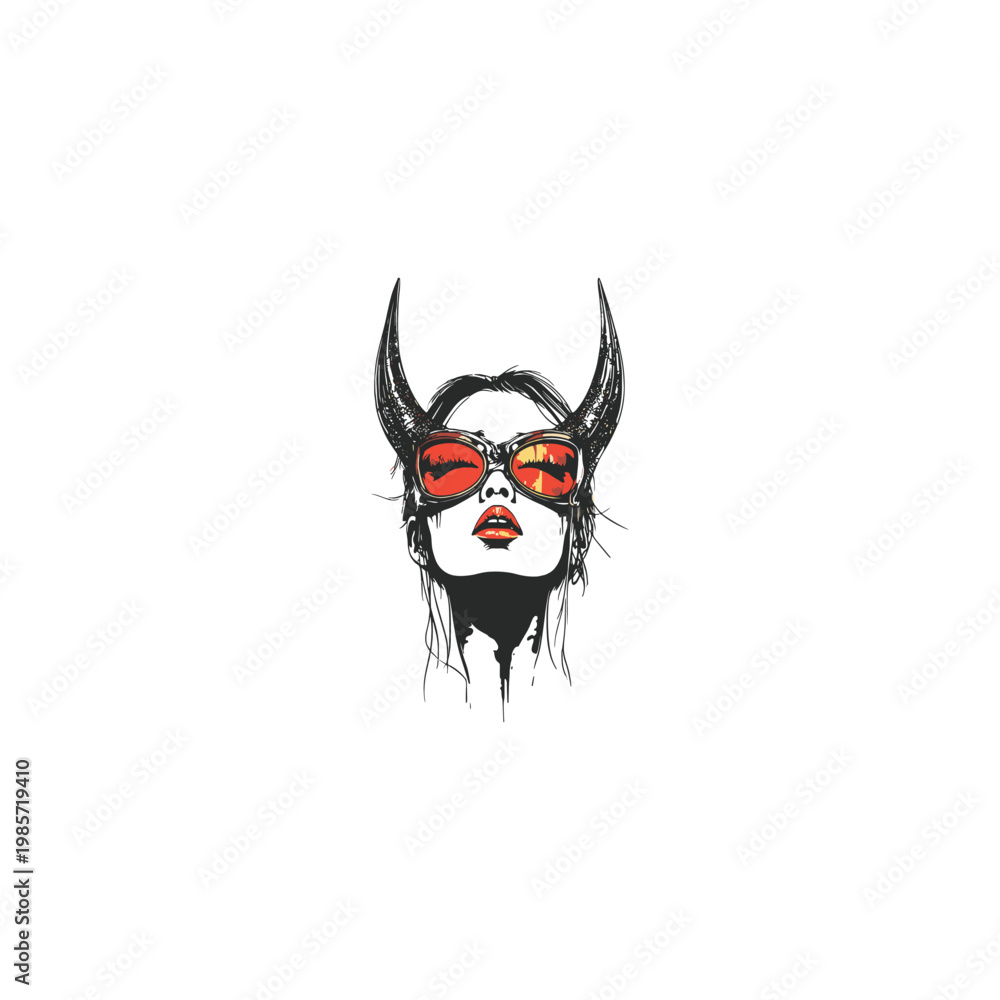Naklejka premium Hand drawn ink sketch of a beautiful woman with devil horns wearing red sunglasses, isolated vector illustration on white background.
