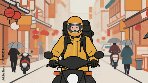 Motorcyclist in Yellow Jacket Riding on City Street