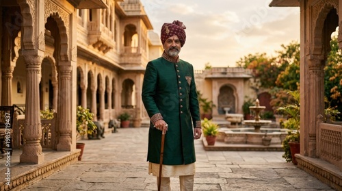 An elegant Indian man wearing a turban outdoors, tailored traditional attire, soft sunlight and architectural backdrop, dignified and refined atmosphere, ultra-realistic, no logos.