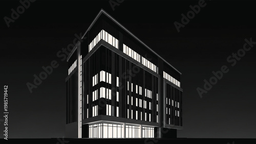 A sleek and modern office building with illuminated windows at night standing tall against a dark background with a striking architectural design.